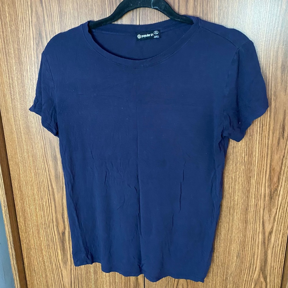 Popular 21 Tee Shirt Women XL Navy Blue Short Sleeve Rayon Stretch Basic